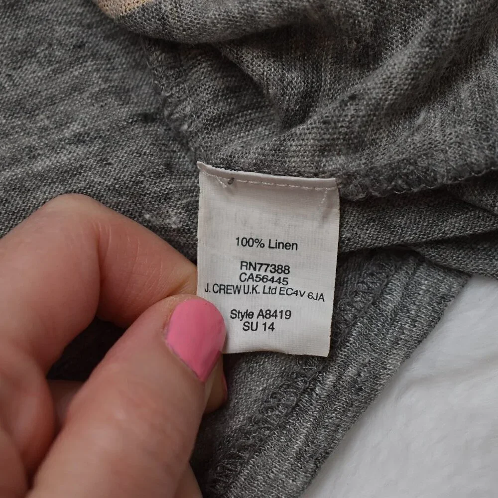 J Crew 100% Linen Graphic Tee Sz XS Tres Bien Relaxed Fit Slouchy Boho Beachy